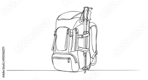 Durable hiking backpack and trekking poles line drawing symbolizing readiness for outdoor adventure and travel, perfect for promoting exploration and journey themed commercial content.