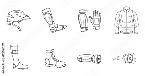Essential safety and outdoor gear collection featuring helmets protective pads gloves boots jackets and flashlights for sports adventure or work activities