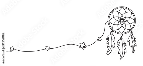 A flowing one line drawing of a magical dreamcatcher with delicate feathers and celestial stars ideal for spiritual lifestyle content or imaginative event promotions