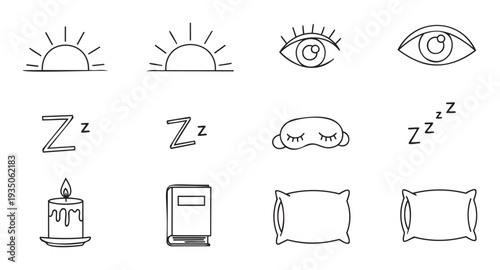 Hand drawn outline icons representing morning awakening, daily routine, evening relaxation, and restful sleep for daily planners, lifestyle blogs, or wellness applications