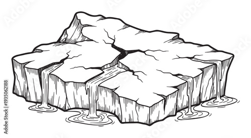 Detailed ink drawing of a melting iceberg with cascading water symbolizing climate change and environmental concerns, perfect for ecological publications and educational resources.