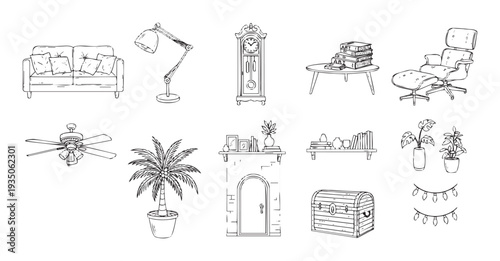 Collection of hand drawn home interior objects including sofa armchair lamp clock books plants and wall decorations perfect for housewarming concepts or room furnishing guides