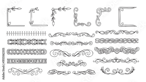 Collection of elegant scrollwork borders and corner ornaments providing decorative accents for invitations certificates and various graphic designs