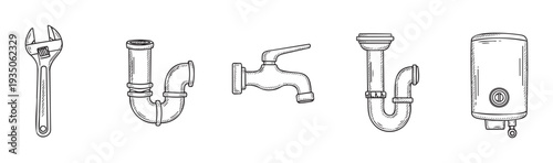 Set of essential plumbing equipment and tools, including an adjustable wrench, pipes, a water faucet, and a water heater, valuable for illustrating home improvement and professional repair