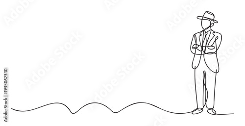 Single continuous line drawing of a man in a suit and fedora with arms crossed, representing mystery and sophistication, perfect for publications, presentations, or digital platforms.