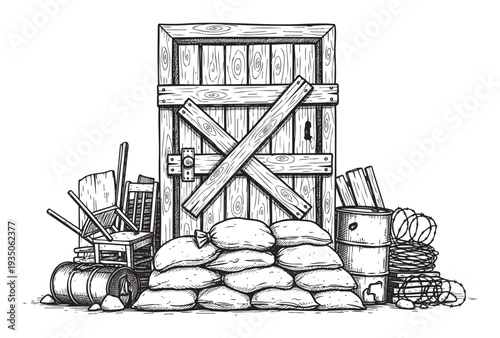 Classic black and white line drawing of a sturdy wooden door reinforced with planks and surrounded by piled sandbags, discarded items, and coils of barbed wire, perfect for themes of