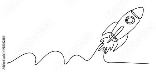 Continuous single line drawing of a launching rocket representing business startup success innovation and growth perfect for technology presentations educational materials or motivational