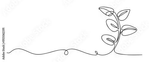 A minimalist continuous line drawing depicting an evolving plant sprout with several leaves, perfect for ecofriendly branding, modern graphic design, or a clean web background.