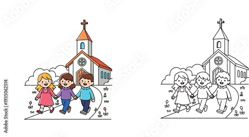 Children Walking to Church Coloring Page - Sunday School, Community, and Religious Education.
