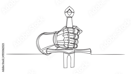 Single continuous line drawing of a knights armored gauntlet hand holding a strong medieval sword embedded into a flat surface, suitable for history or power concepts.