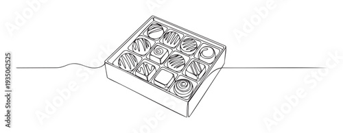 Continuous line drawing of an open box filled with assorted sweet chocolates, perfect for confectionery promotions, Valentines Day advertisements, or elegant gift shop branding materials.