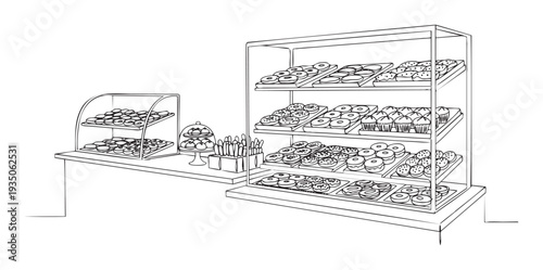 Bakery shop interior featuring a wide assortment of freshly baked donuts and delicious muffins presented in various display cases, ideal for restaurant business marketing and food service