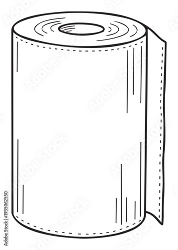 Outline drawing of a household paper roll with clear perforations, useful for conveying cleanliness, hygiene, and domestic needs in various printable media and digital projects.
