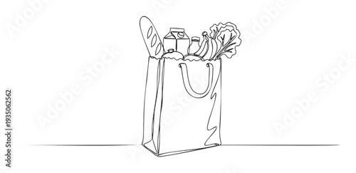 Simple one line drawing of a paper grocery bag filled with fresh healthy food essentials including bread milk fruits and vegetables perfect for healthy lifestyle supermarket advertising