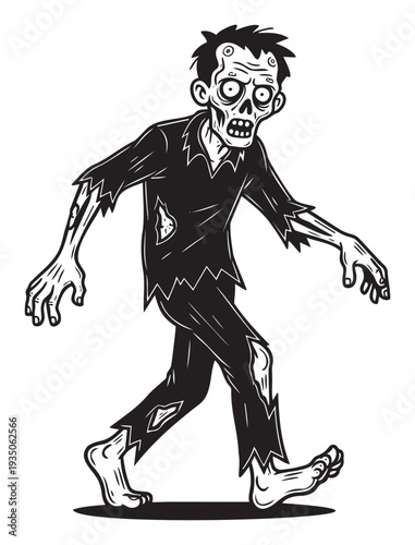 A terrifying undead zombie monster with tattered clothes shambling forward perfect for spooky Halloween season events themed parties or horror genre media projects and scary merchandise.