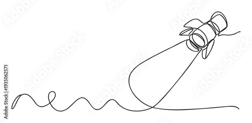 Dynamic continuous line drawing of a rocket taking off into the sky, symbolizing new beginnings, ambition, and innovation for technologyrelated presentations, business growth visuals, or