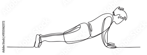 Continuous line drawing of a person performing a pushup exercise, depicting strength and fitness, suitable for health and wellness marketing materials or sports graphic compositions.
