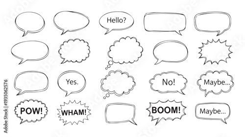Collection of diverse hand drawn comic book style speech and thought bubbles with expressive text for conveying dialogue, ideas, and sound effects in various visual projects.