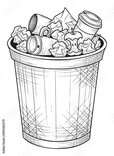 An overflowing trash can filled with assorted waste including crumpled paper, a coffee cup, and an apple core, ideal for waste disposal and recycling initiatives.