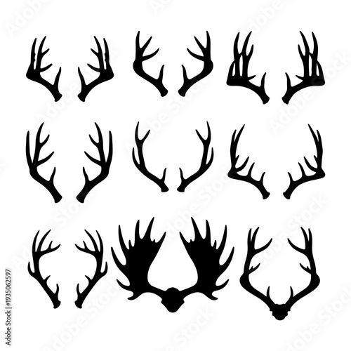 Deer Antlers Silhouette Set Black Horn Hunting Vector Collection