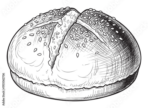 Classic handdrawn bread roll with sesame seeds offering a traditional baked goods depiction for bakery menus, recipe books, and foodrelated publications