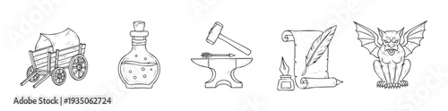 Outline drawing collection featuring medievalthemed elements like a covered wagon, potion bottle, blacksmith anvil, scroll with quill, and a gargoyle, ideal for game design, book