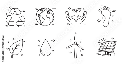 Collection of ecological and sustainability line icons featuring recycling, earth, plant growth, human footprint, green leaf, water drop, wind turbine, and solar panel for environmental