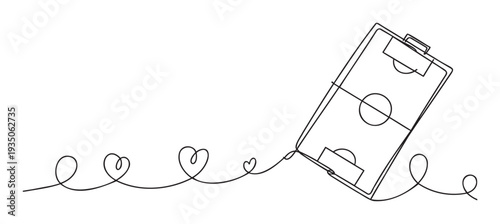 Single line art depicting a football pitch linked with romantic hearts, ideal for expressing love for sports, fan merchandise, or graphic presentations.