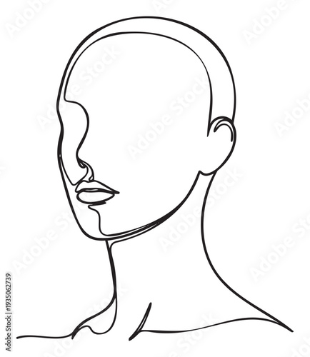Minimalist one line representation of a human head and shoulders in profile with absence of facial features, ideal for themes of identity, anonymity, mindfulness, or contemporary brand