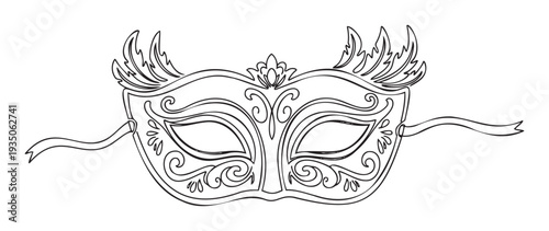 Ornate black and white masquerade mask with intricate scrollwork and feather accents creating a festive disguise suitable for party invitations costume events or celebratory graphic design