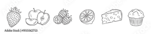 A collection of fresh and delicious food items presented as detailed hand drawn line illustrations perfect for use in cooking blogs, recipe books, grocery store promotions, or childrens