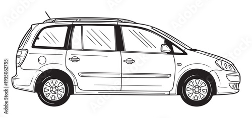 Monochrome outline drawing of a multipurpose passenger vehicle with roof rails and detailed wheels, perfect for automotive publications, educational resources, or vehiclethemed projects.