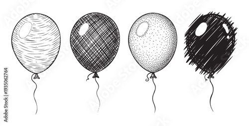 Set of diverse black and white hand drawn balloons featuring different textures like lines, crosshatch, and stippling, perfect for celebrations, party invitations, or event decorations