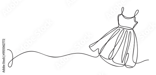 Minimalist continuous line drawing of an elegant womens dress with a flowing skirt, perfect for modern graphic projects, apparel branding, and event invitations.