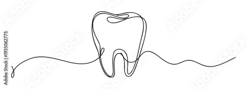 A minimalist continuous line drawing depicting a healthy human tooth, symbolizing dental care, health, and hygiene, perfect for medical presentations, dentistry advertising, or educational