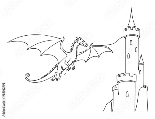 Dragon flying near a medieval castle tower in an outline drawing perfect for childrens coloring books, educational materials, or a graphic novel design project