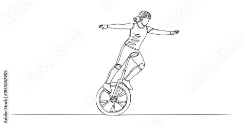 A unicycle rider balancing expertly on one wheel, wearing protective gear, showcasing acrobatic skill for sports, recreation, or extreme activity promotions