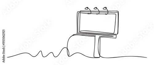 Continuous line drawing of a blank outdoor billboard or large screen display on a stand with a wavy base, ideal for modern marketing, digital information, and communication projects.