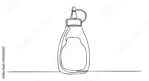 Modern minimalist continuous line drawing depicting a versatile squeeze bottle, perfect for food service graphics, kitchen themes, recipe books, or restaurant menu designs.