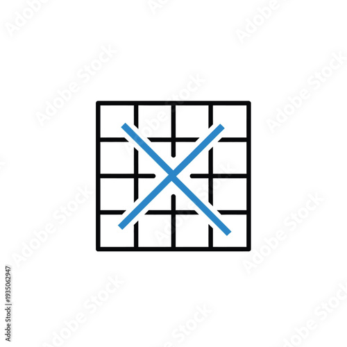 Simple vector icon of a grid with an overlaying blue 'X' indicating actions like delete, close, remove, or an invalid status for organized information and data presentation