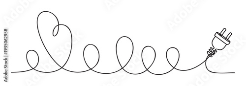 Minimalist continuous line drawing of an electrical cable forming a heart and loops connecting to a power plug, ideal for themes of energy love and connection solutions.