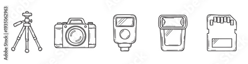 Sketchy line drawings of essential photographic equipment featuring a camera flash tripod and memory storage perfect for creating engaging visual content and learning materials