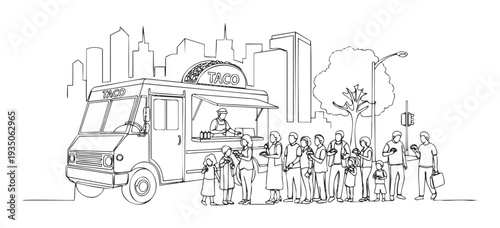 A lively street food scene featuring a taco truck serving a long queue of diverse people including families and children in a busy city environment.