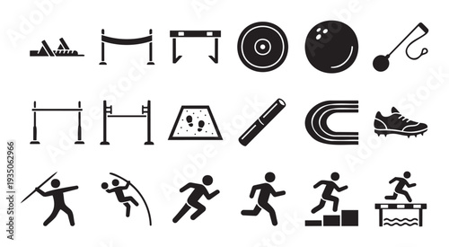Comprehensive collection of athletic sports icons representing various track and field events and equipment suitable for sports training materials and competition promotion