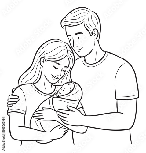 A loving family portrait of a smiling mother and father gently embracing their swaddled newborn baby, ideal for parenting blogs, maternity clinics, and familythemed promotions.