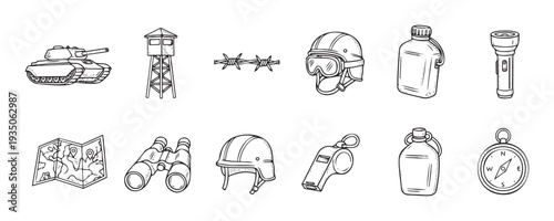 A collection of various military and survival equipment including tanks, watchtowers, helmets, compasses, binoculars, and maps perfect for security, defense, and outdoor themed projects.