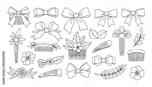 A diverse assortment of elegant hair accessories including various bows, decorative combs, chic clips, and delicate flower outlines suitable for feminine event designs or craft projects.