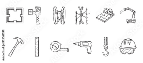 Comprehensive collection of essential construction and building tools, equipment, and safety gear in a hand drawn style, perfect for engineering diagrams, workshop manuals, and renovation