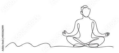 Continuous line drawing of a person meditating in a yoga pose, embodying peace and focus, perfect for wellness apps, spiritual blogs, or tranquil marketing materials