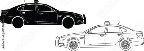 Set of Black Silhouette and Detailed Line Art Vector Illustrations of a Police Patrol Car for Emergency Service Law Enforcement and Automotive Designs